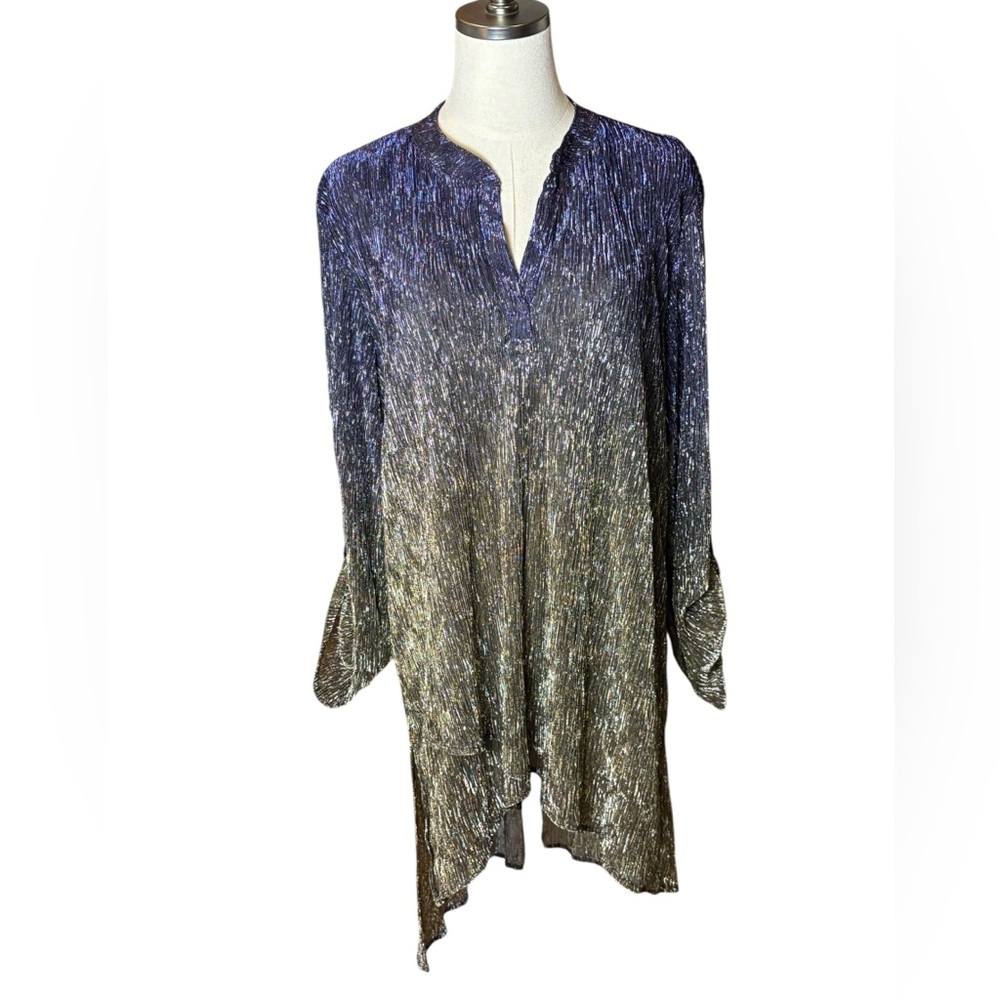 Frank Lyman Elegant Metallic Women's Tunic Top Roll Tab Sleeve V-Neck Blue Gold